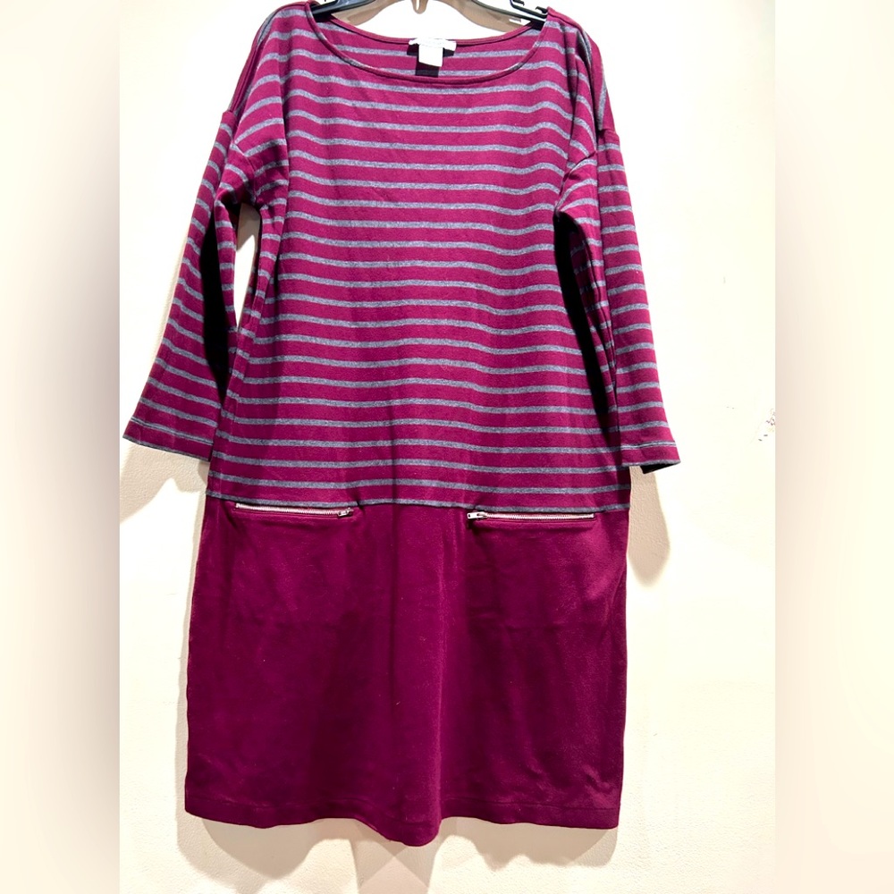 Joan Vass long cotton burgundy colorblocked knit shift tunic dress Size Large